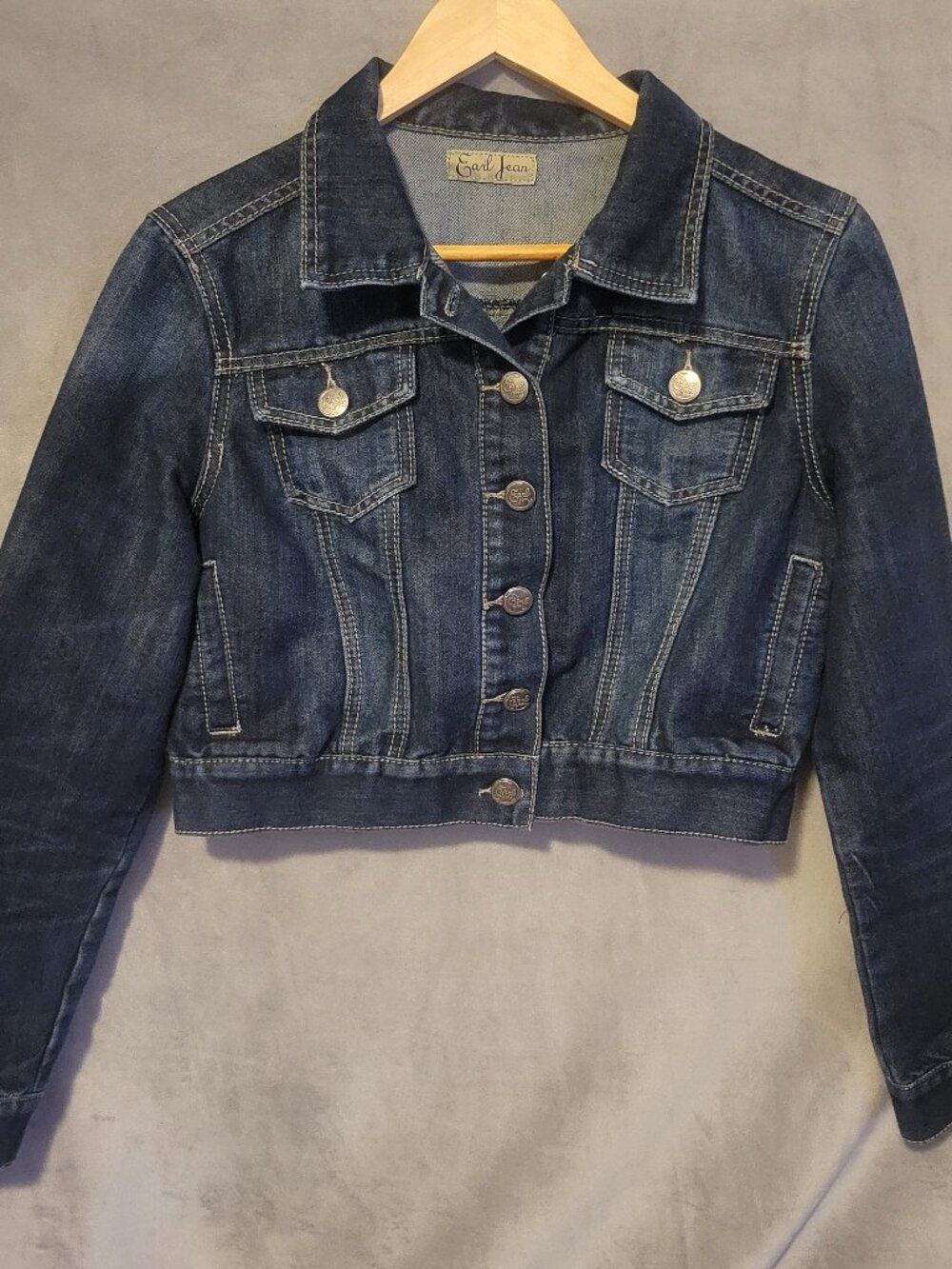 Earl Jean Womens Medium Cotton Medium Wash Buttoned Collared Denim Jacket Blue